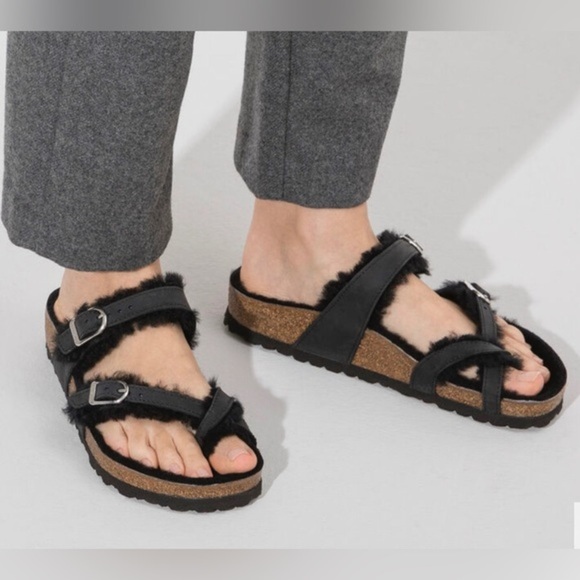Birkenstock Black Mayari Shearling Oiled Leather single toe loop cork shoe size8 - Picture 3 of 9